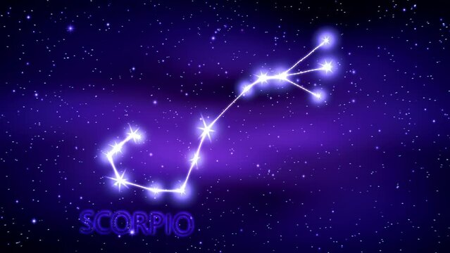 Animation of the Scorpio zodiac sign in the cosmic night sky.
The Scorpio zodiac sign is a constellation of bright stars connected by luminous lines. Constellation and horoscope symbol. Astronomy.