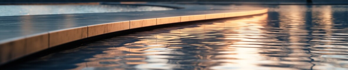 Golden sunlight reflecting on the tranquil surface of a swimming pool during sunset, creating a serene atmosphere