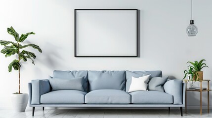 Interior of modern living room with a light blue sofa and potted indoor plants, against a white wall with photo frame mockup