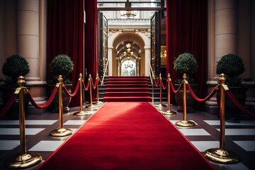 Red carpet leading to a cinema's entrance