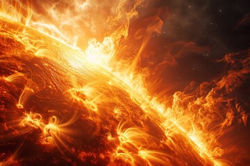 Realistic shot of the sun's surface with intense flames and rays of light emanating from it, creating an atmosphere of heat and power in space.