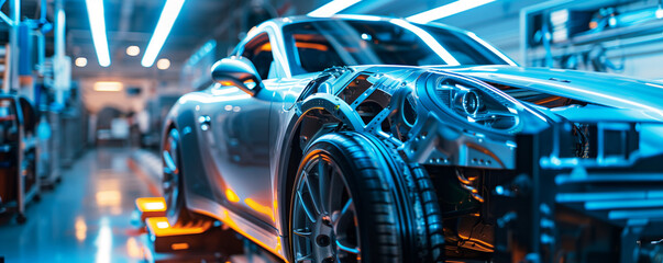 A futuristic sports car assembly showcasing the chassis and sleek wheel design in a modern automotive manufacturing factory - obrazy, fototapety, plakaty