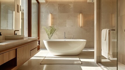 Fototapeta na wymiar Modern Luxury Bathroom Interior with Elegant Bathtub, Natural Light, and Stone Wall