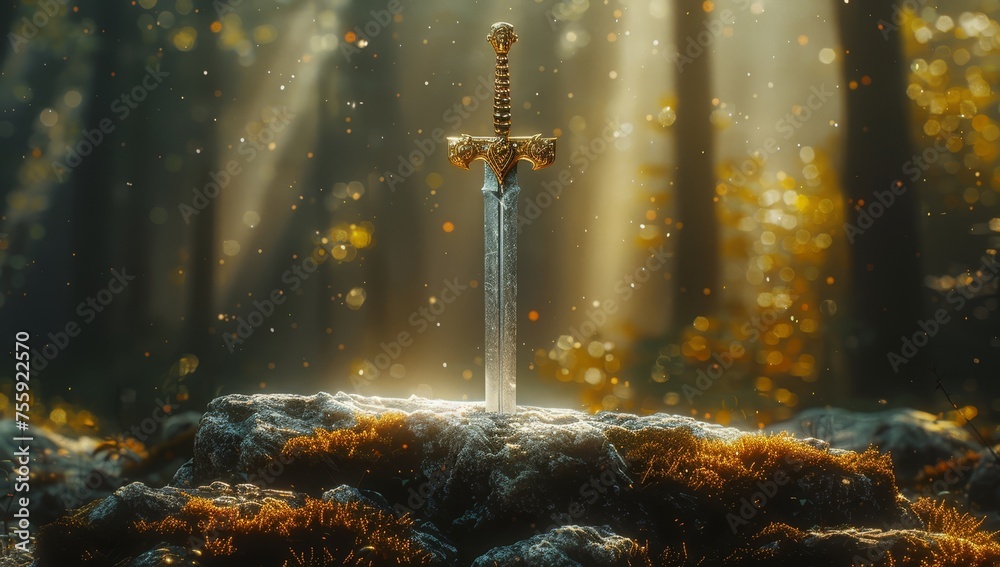 Wall mural sword in the forest, sunny day background