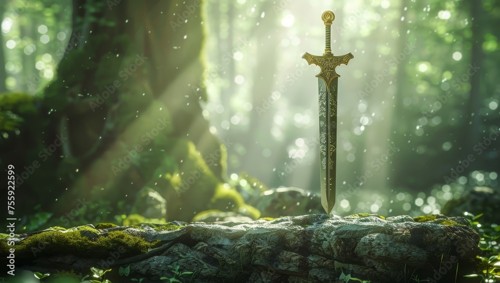 Wall mural sword in the forest, sunny day background