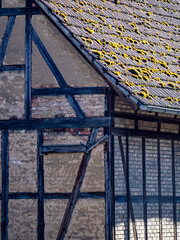 Moos auf dem Dach eines historischen Fachwerkhauses