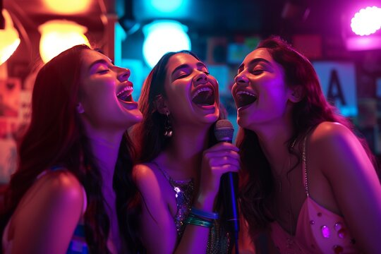 Melodic Bliss: Indian Women Embracing Karaoke Nights generative ai