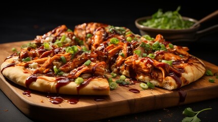 A pizza sits on a wooden cutting board