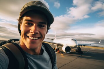 selfie portrait plane and travel concept