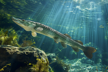 Alligator gar in the sea, Atractosteus spatula, Alligator gar full body under water photography,...
