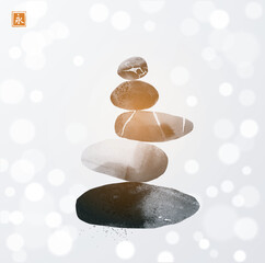 Minimalist Ink painting of stacked stones in a Zen-like balance. Traditional oriental ink painting sumi-e, u-sin, go-hua on white shimmering background. Hieroglyph - eternity - 755922915