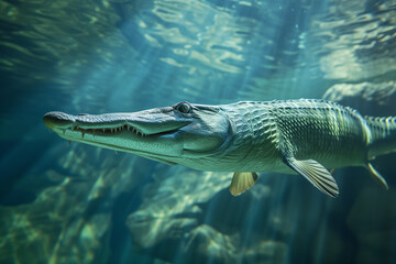 Alligator gar in the sea, Atractosteus spatula, Alligator gar full body under water photography,...