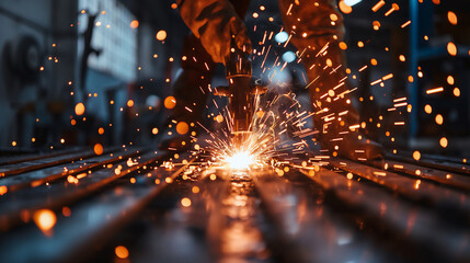 A skilled welder is focused on welding metal with a bright arc of sparks flying around, showcasing craftsmanship in an industrial environment