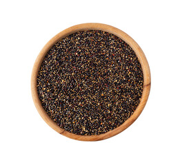 Bowl with black quinoa isolated on white background. Close-up. Grain black quinoa on white background. Whole grain quinoa. Image with copy space.