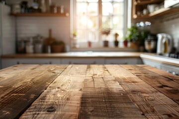 Empty wooden table top with blurred kitchen interior background for product display montage