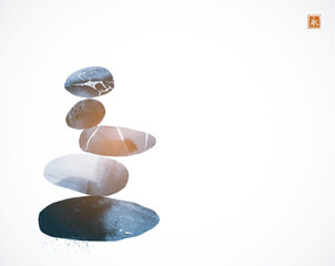 Minimalist blue Ink painting of stacked stones in a Zen-like balance. Traditional oriental ink painting sumi-e, u-sin, go-hua on white background. Hieroglyph - eternity