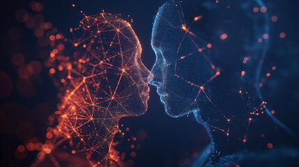 Two people from long distance connecting through cyberspace in virtual reality with modern innovative technology. Generative AI - 755923534