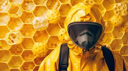 A man in a bee suit and gas mask, standing before a glistening jar of honey - obrazy, fototapety, plakaty