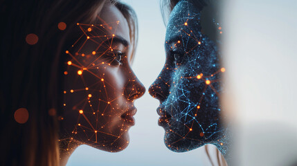 Girl seeing herself in cyberspace and virtual reality like in mirror. Modern innovative technology concept. Generative AI