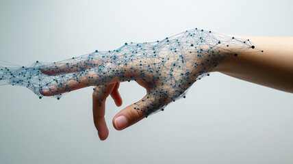 Close up of female hand with cyber wireframe in virtual reality. Generative AI