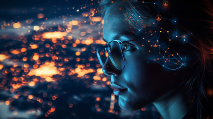 Woman in cyberspace virtual reality with computer chip and data all around. Modern innovative technology concept. Generative AI