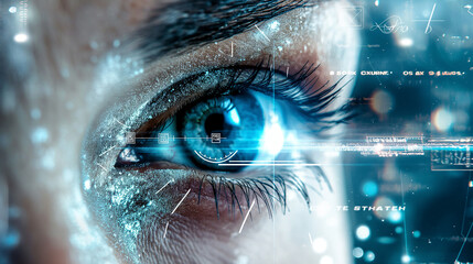 Close up of beautiful female eye with cyber technology elements, iris recognition and identification futuristic concept. Generative AI