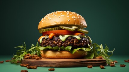 A juicy hamburger topped with fresh lettuce, ripe tomato, and savory black beans - obrazy, fototapety, plakaty