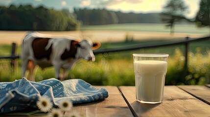 a glass of milk placed naturally on the tabletop, as well as other elements such as a jug, spoon or napkin, against a blurred landscape with a cow in the background, - obrazy, fototapety, plakaty