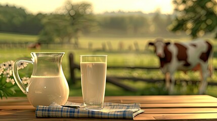 a glass of milk placed naturally on the tabletop, as well as other elements such as a jug, spoon or napkin, against a blurred landscape with a cow in the background,