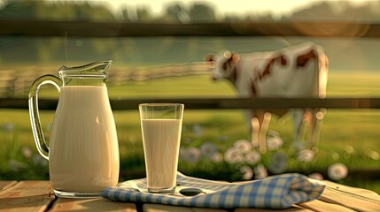 a glass of milk placed naturally on the tabletop, as well as other elements such as a jug, spoon or napkin, against a blurred landscape with a cow in the background,