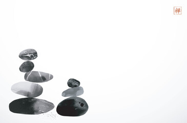 Minimalist Ink painting of stacked stones in a Zen-like balance. Traditional oriental ink painting sumi-e, u-sin, go-hua. Translation of hieroglyph - zen - 755923924