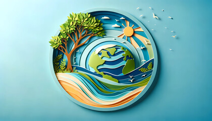 Earth day paper cut for Earth with a tree and a lake emphasizing sustainability