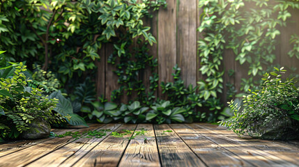 Green leaves sprout from dark, textured wooden planks, bathed in soft sunlight.