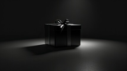 The black gift and ribbon are placed in a visually pleasing manner on a black surface, taking into account the placement of elements to create a balanced composition with ample copy space. - Powered by Adobe