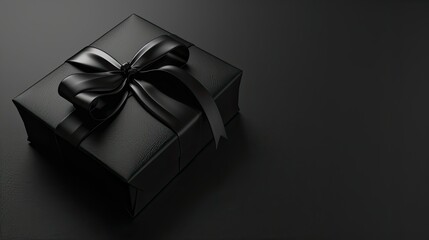 The black gift and ribbon are placed in a visually pleasing manner on a black surface, taking into account the placement of elements to create a balanced composition with ample copy space.