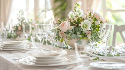 Spring-themed table settings with gold cutlery and white dishes, linens and decorative accents will complement the spring theme and highlight the romantic atmosphere.