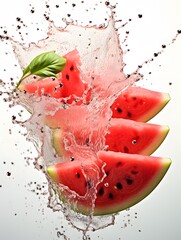 watermelon slices falling into water with a leaf splashing