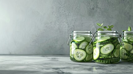 details of canned vegetables and glass jars, including the texture of the cucumbers, labels on the jars, and any condensation or reflections present.