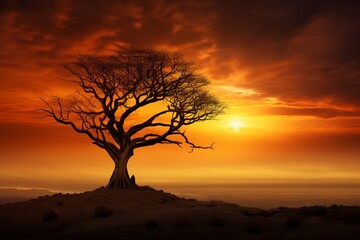 Naklejka premium The silhouette of a tree against a golden sky