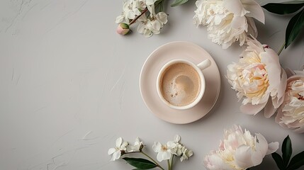 a cup of coffee and peonies flowers are arranged in a balanced and visually appealing manner against a light background. Flat top view - obrazy, fototapety, plakaty