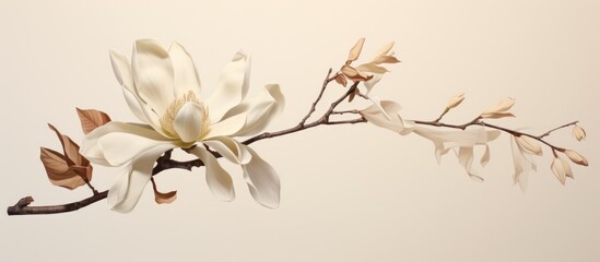A close up of a magnolia flower on a delicate branch with twigs, petals in full bloom, an exquisite...