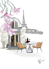 Series of street views with cafes and flowers in Paris. Hand drawn vector architectural background with historic buildings. - 755924986