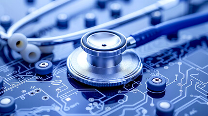 A stethoscope lies on a blue circuit board, symbolizing the intersection of healthcare and technology