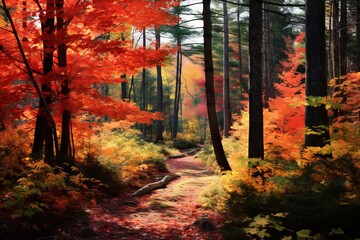 Vibrant autumn foliage within evergreen woods
