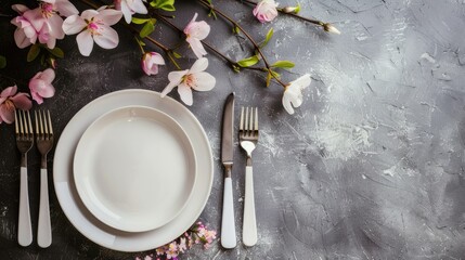 diffused light illuminates the table setting, highlighting the delicate details of pink flowers and silverware. This enhances the romantic atmosphere and creates a realistic atmosphere.