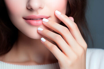 Close-up of a woman's face highlighting her polished white manicure, soft lips, and smooth complexion. - obrazy, fototapety, plakaty