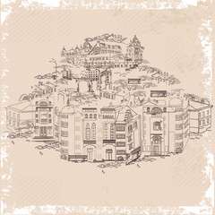 Series of street views in the old city. Hand drawn vector architectural background with historic buildings. - 755925163