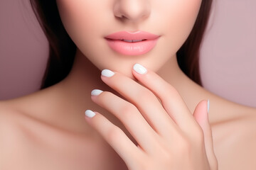 Obraz na płótnie Canvas Close-up of a woman's face highlighting her polished white manicure, soft lips, and smooth complexion.