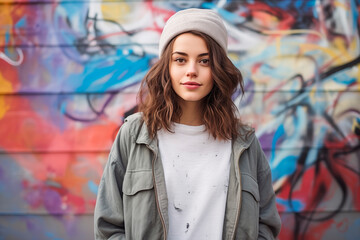 A stylish young woman stands before a vibrant graffiti wall, her intense gaze complementing the...