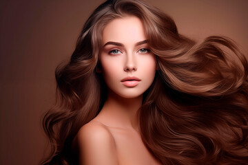 Fototapeta premium A glamorous portrait of a woman with voluminous wavy hair and a soft expression against a neutral backdrop.